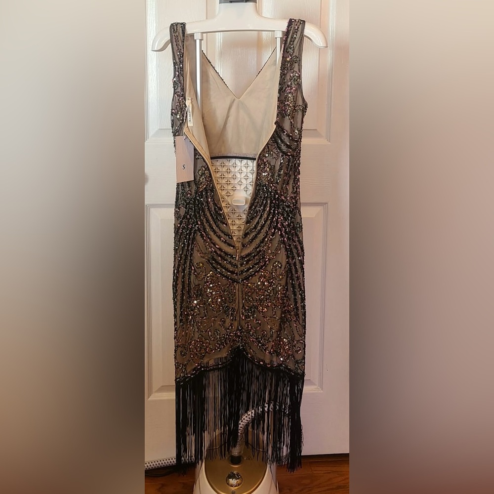 Embellished V-Neck Fringe Midi Dress in Black and Pink - Picture 8 of 16